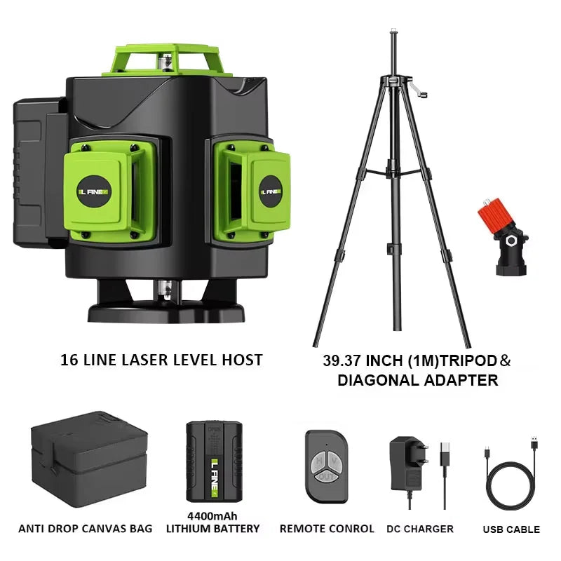 Lfine 4D 16 Lines Professional Laser Level with 39.37 Inch (1M)Tripod Green Laser Lines 360° Self-leveling 16 Lines Nivel Laser