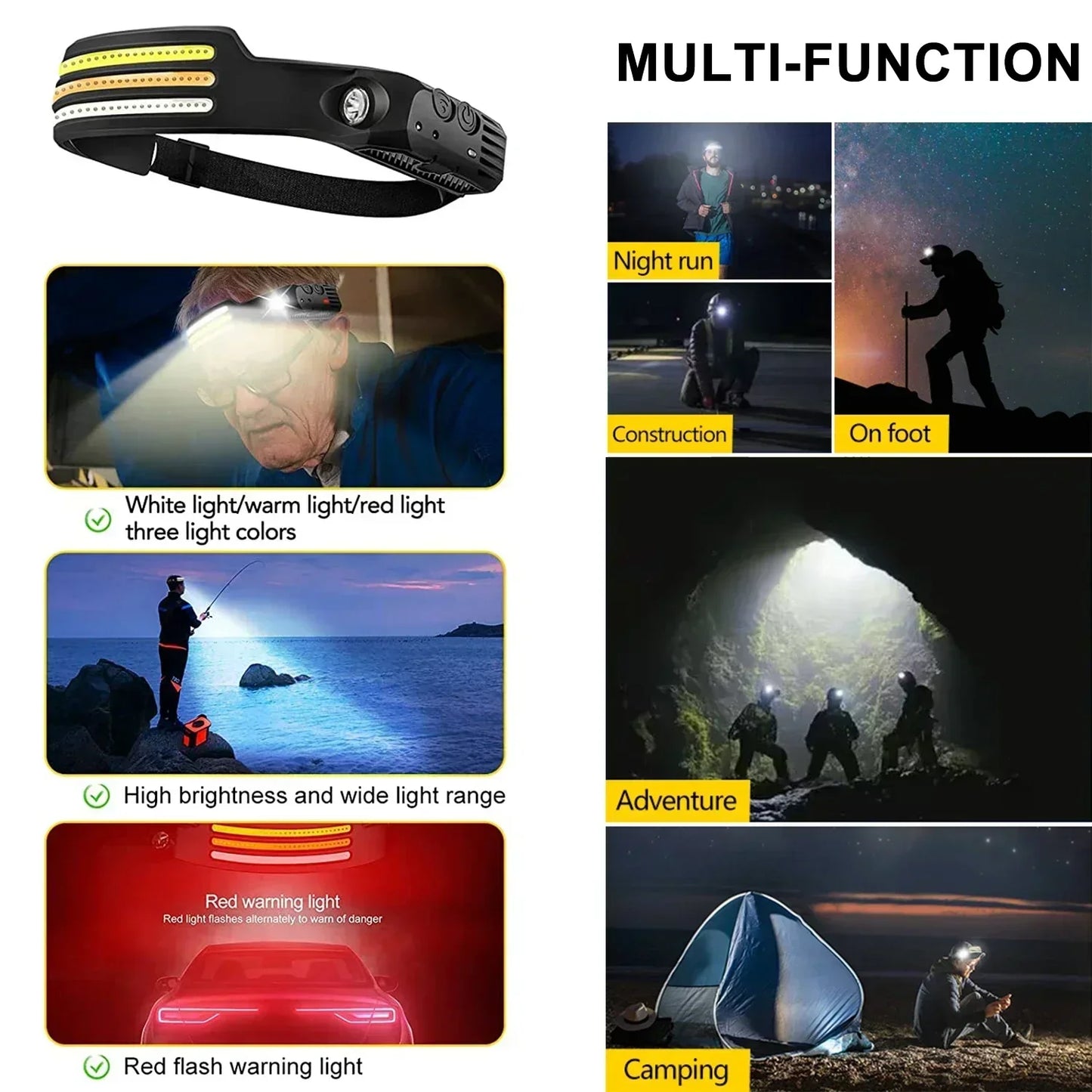LED Sensor Headlamp Built-in 1200mAh Battery USB Rechargeable Head Flashlight Outdoor Waterproof Camping Fishing Headlight
