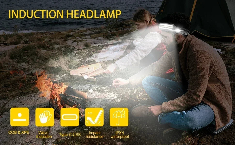 LED Sensor Headlamp Built-in 1200mAh Battery USB Rechargeable Head Flashlight Outdoor Waterproof Camping Fishing Headlight