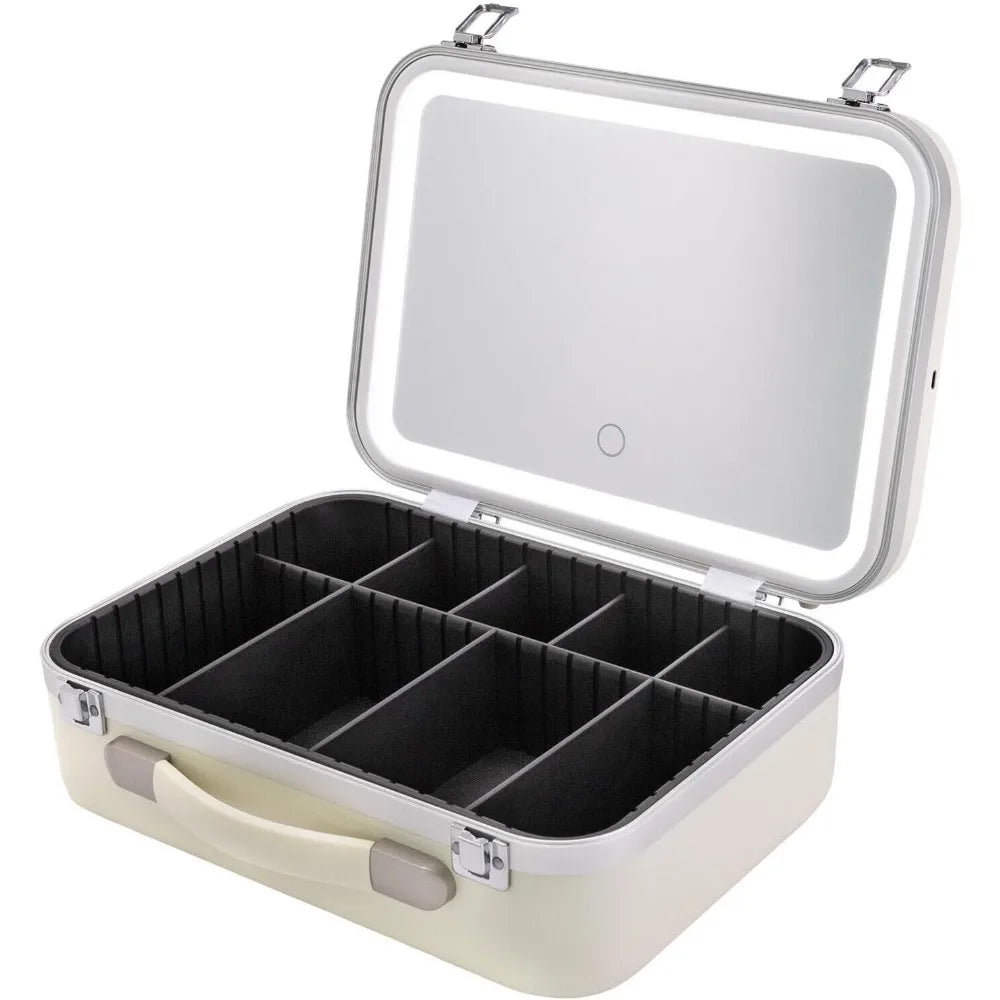 Make-up case with 3-colour LED light and mirror travel cosmetic organiser box adjustable brightness barber tools organiser