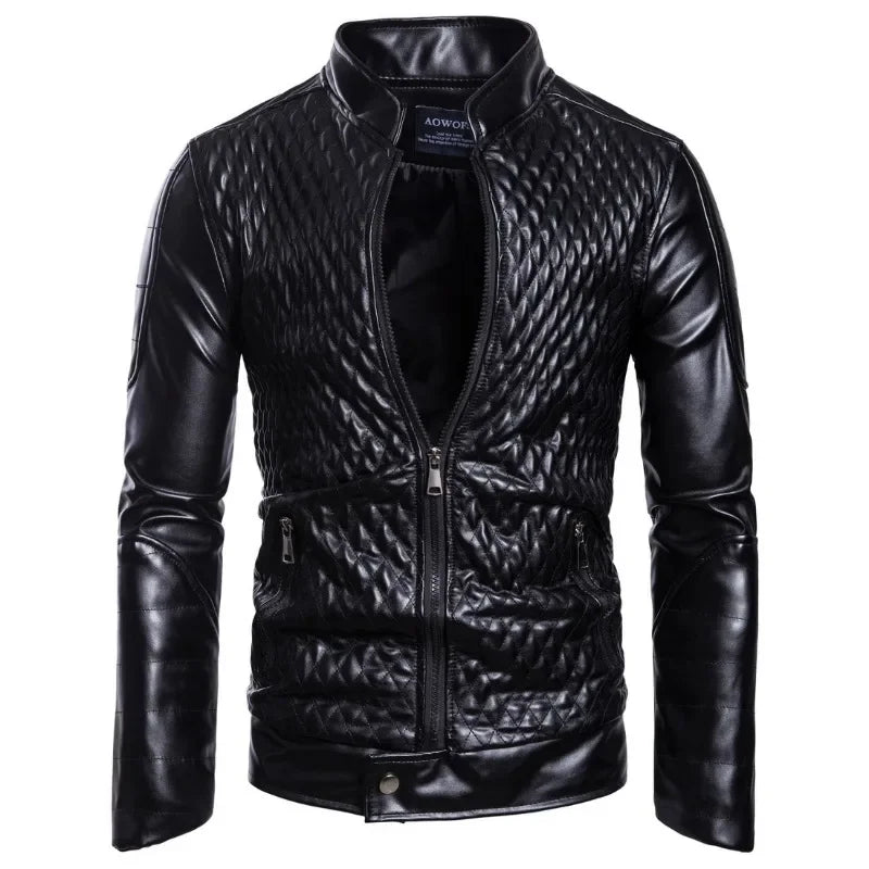 Men's Stand-up Punk Collar Slim Leather Jacket Men Autumn Zipper Decorative Biker Pu Coat