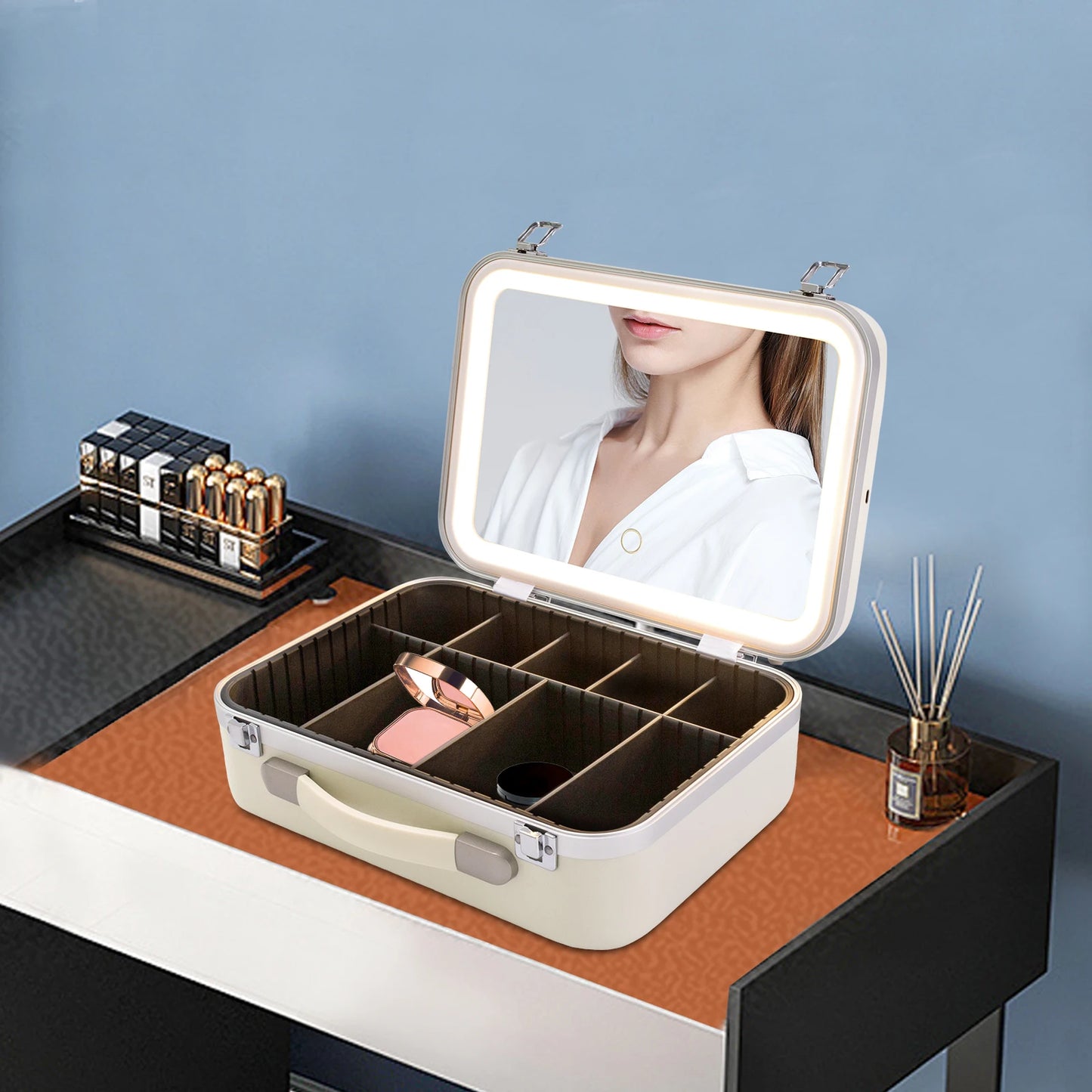 Make-up case with 3-colour LED light and mirror travel cosmetic organiser box adjustable brightness barber tools organiser