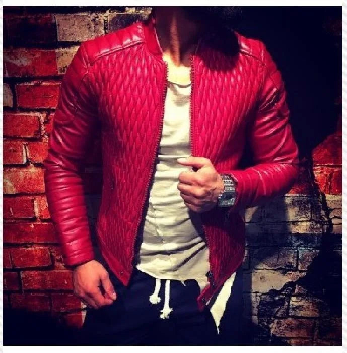 Men's Stand-up Punk Collar Slim Leather Jacket Men Autumn Zipper Decorative Biker Pu Coat