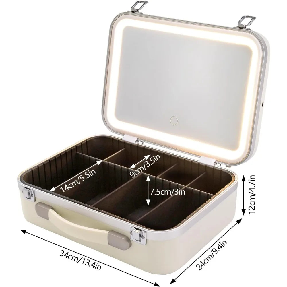 Make-up case with 3-colour LED light and mirror travel cosmetic organiser box adjustable brightness barber tools organiser