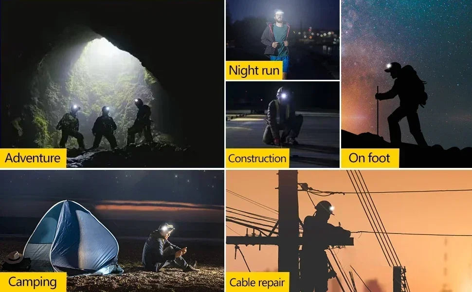 LED Sensor Headlamp Built-in 1200mAh Battery USB Rechargeable Head Flashlight Outdoor Waterproof Camping Fishing Headlight