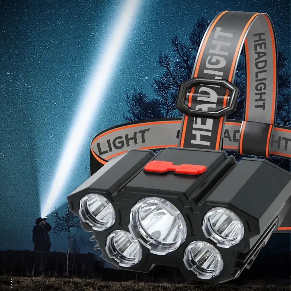 Usb Rechargeable 5 Led Headlamp Super Bright Head-Mounted Strong Flashlight Built-in Battery Outdoor Camping Night Fishing Lamp