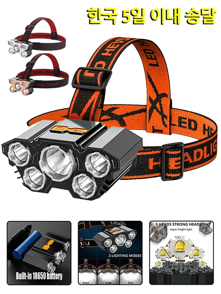Usb Rechargeable 5 Led Headlamp Super Bright Head-Mounted Strong Flashlight Built-in Battery Outdoor Camping Night Fishing Lamp