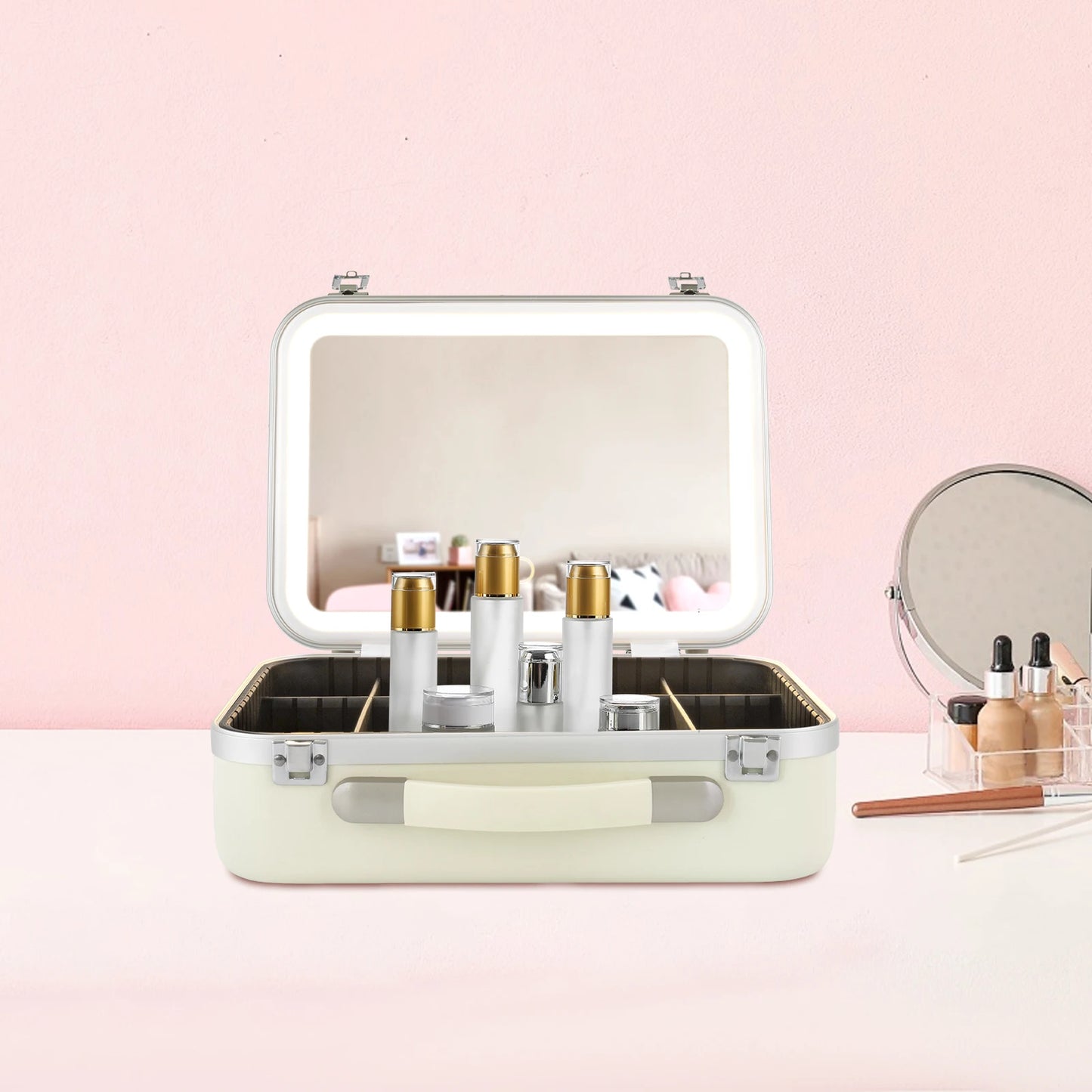 Make-up case with 3-colour LED light and mirror travel cosmetic organiser box adjustable brightness barber tools organiser