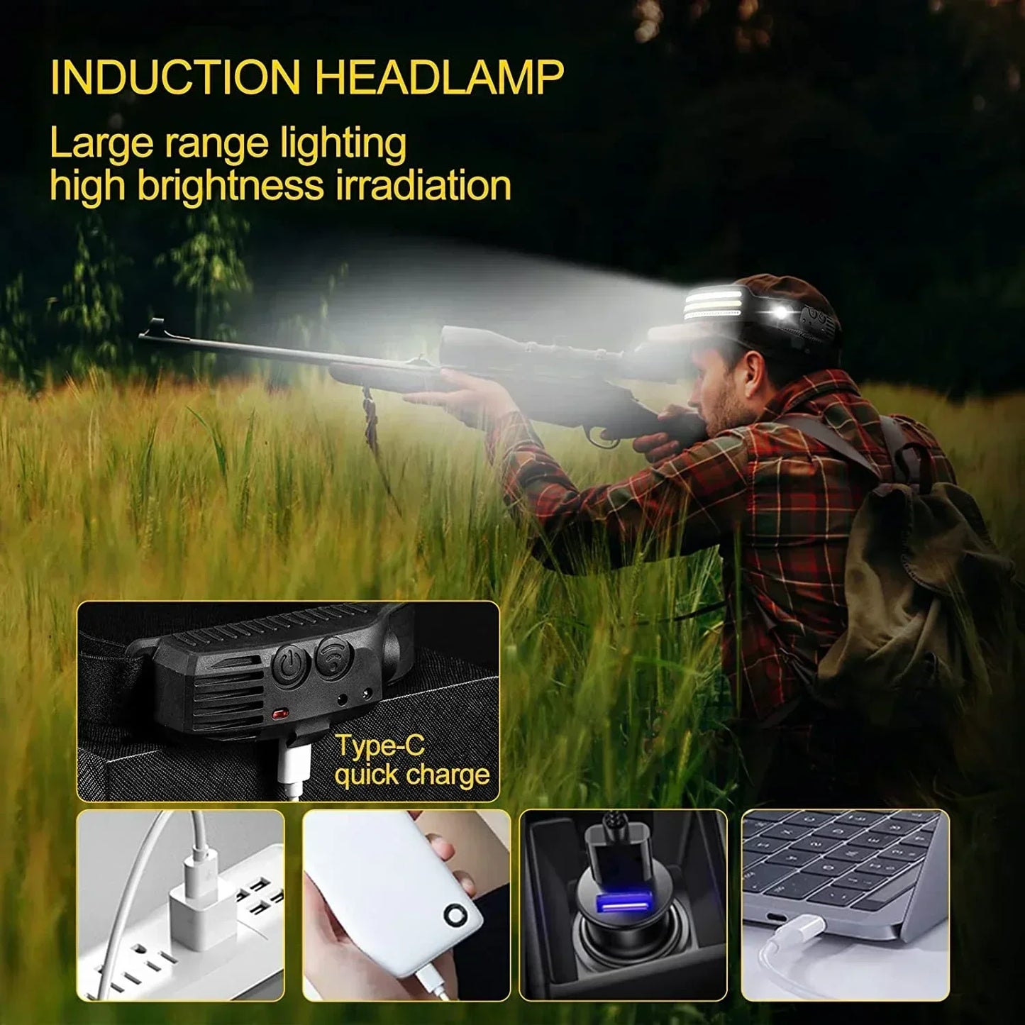 LED Sensor Headlamp Built-in 1200mAh Battery USB Rechargeable Head Flashlight Outdoor Waterproof Camping Fishing Headlight