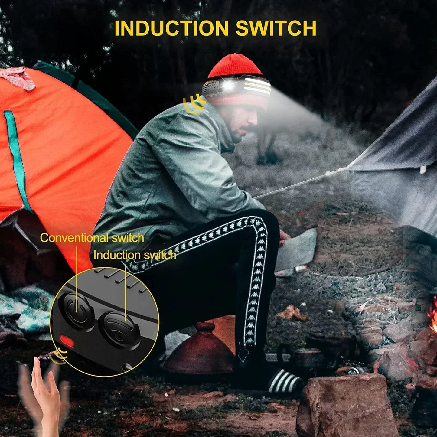 LED Sensor Headlamp Built-in 1200mAh Battery USB Rechargeable Head Flashlight Outdoor Waterproof Camping Fishing Headlight