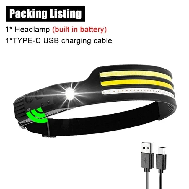LED Sensor Headlamp Built-in 1200mAh Battery USB Rechargeable Head Flashlight Outdoor Waterproof Camping Fishing Headlight