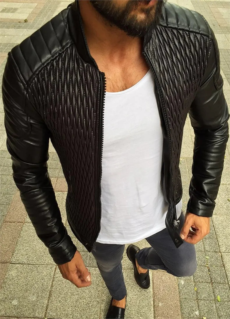 Men's Stand-up Punk Collar Slim Leather Jacket Men Autumn Zipper Decorative Biker Pu Coat
